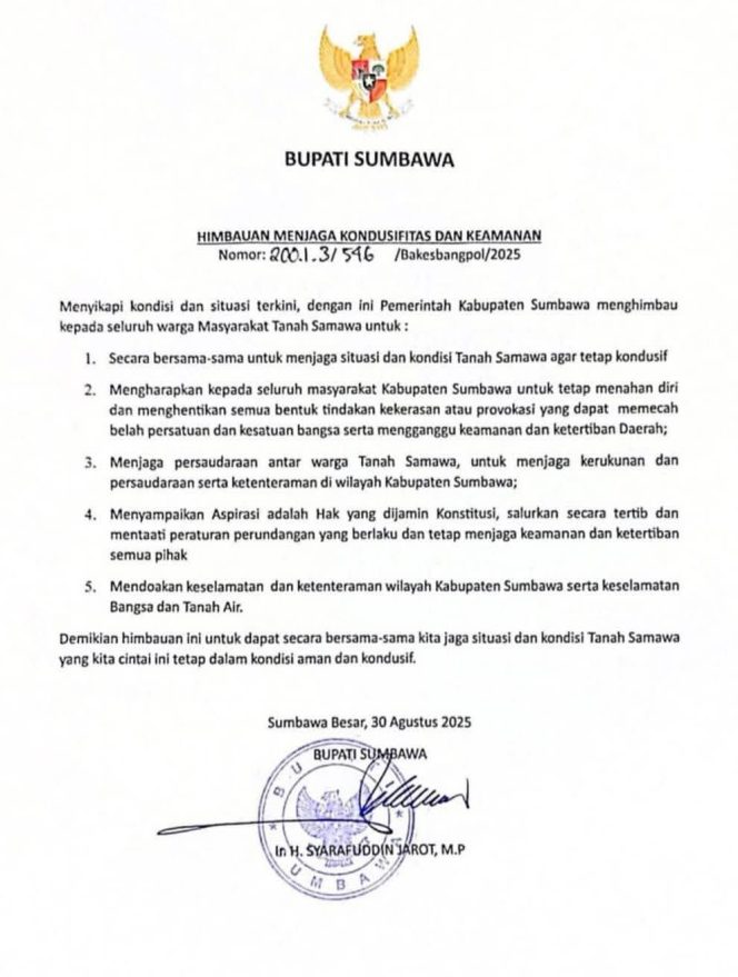 
 Bupati Jarot Ajak Warga Tanah Samawa Jaga Kondusifitas dan KeamananDaerah